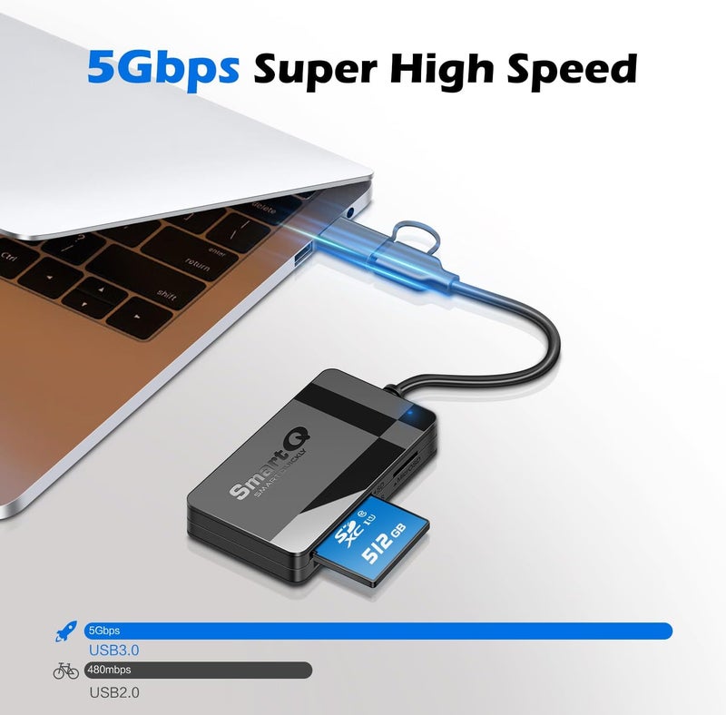 SmartQ SD Card Reader, Memory Card Reader 4 in 1 USB C USB 3.0 Dual Connector Adapter Simultaneously Read SD MS CF TF Cards Supports Micro SD/Micro. Compatible with desktops, Tablets, and USB-C Smartphones - Image 2